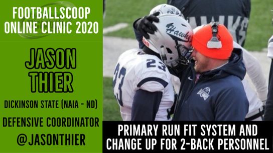 Primary run fit system and adjustments for 2-back personnel with Dickinson State (NAIA - ND) DC Jason Thier (Jason Thier)