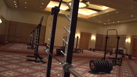 Watch how Oklahoma State transformed their bowl hotel into a makeshift football facility (Mike Gundy)