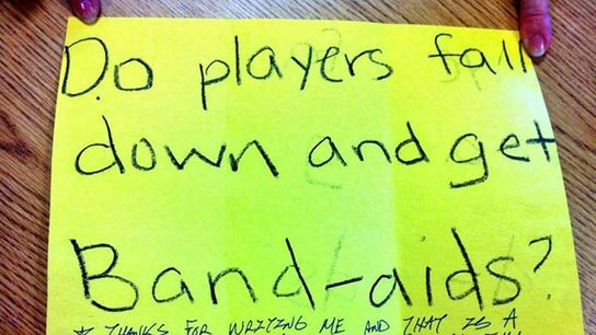 Preschoolers write questions to Kingsbury, Spavital and Cumbie.... (Jake Spavital)