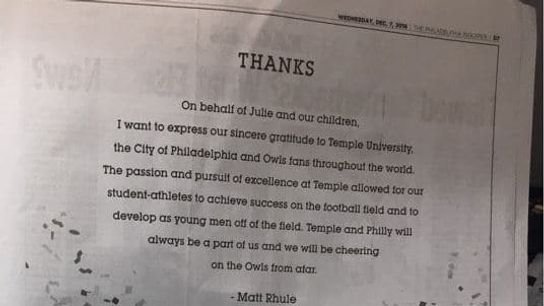 Matt Rhule took out a full page ad thanking Temple fans and Philly residents