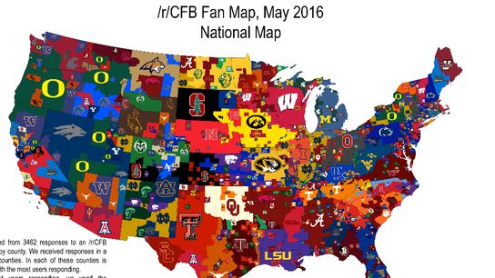 Who's the most popular college football team in your county? (maps)