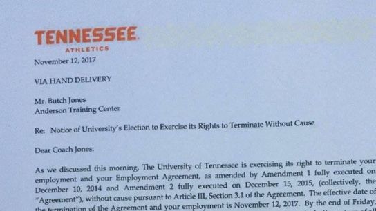 Photo: Butch Jones' official letter of termination, and buyout figure (Featured)
