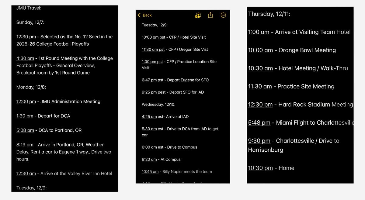 The 96-hour logistics that went into the planning of James Madison's College Football Playoff trip to Oregon