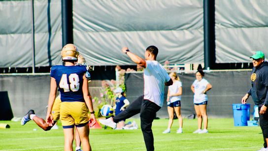 Marcus Freeman runs a soccer-ball punt-block drill for the Irish Marcus Freeman runs a soccer-ball punt-block drill for the Irish