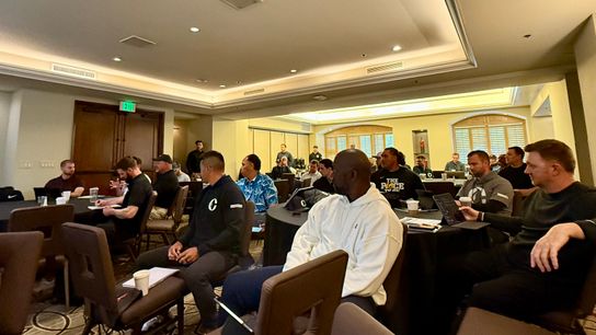 A packed house inside the Hyatt Westlake for the invitation-only Collective Invitational hears Ken Niumatalolo's keynote address. 