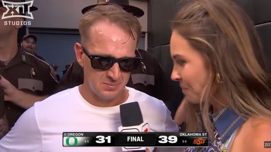 Eric Morris near tears after Oklahoma State's stunning upset of No. 6 Oregon (Oklahoma State Football)
